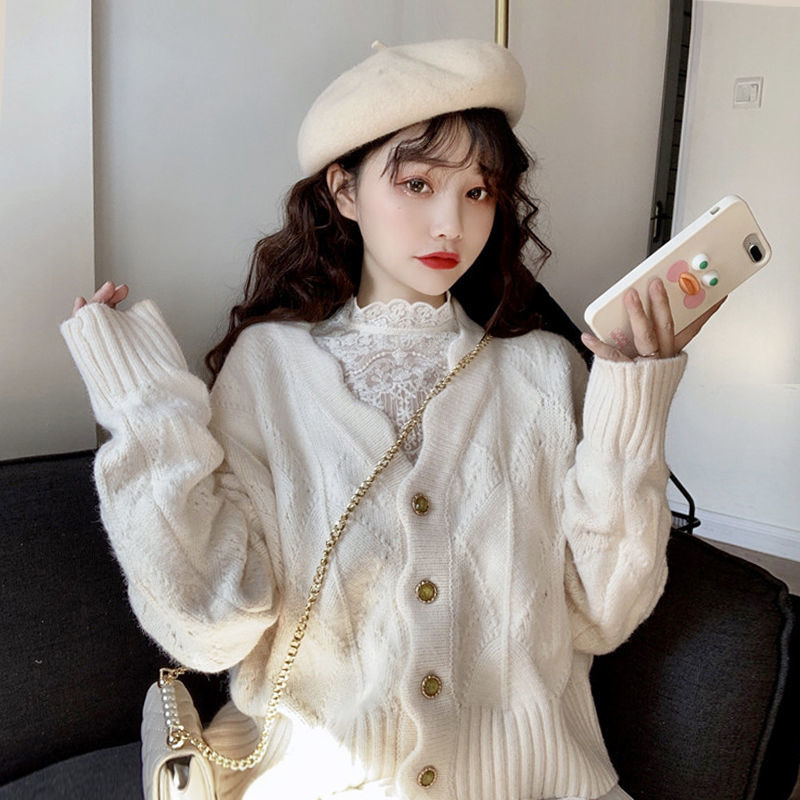Áo Khoác Cardigan Dệt Kim Tay Dài Cổ Chữ V Dáng Rộng Màu Trắng/Hồng Phong Cách Nhật Bản Cho Nữ