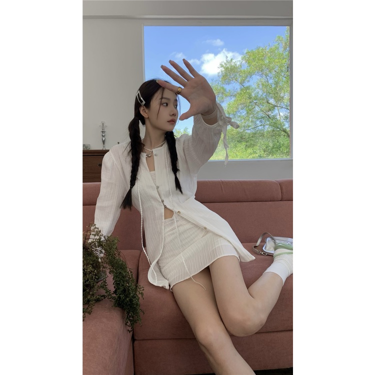 Cocory vn Set Áo Sơ Mi Tay Dài/Chân Váy Ngắn Lưng Cao Phối Ren Thời Trang Cho Nữ