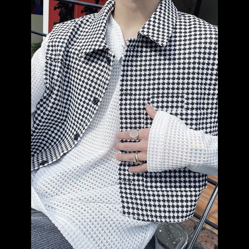 Áo Gile dạ tweed khoác ngoài họa tiết houndstooth form lửng