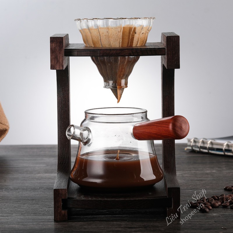 Bình đựng cà phê cafe thủy tinh binh chia cà phê quai gỗ coffee server