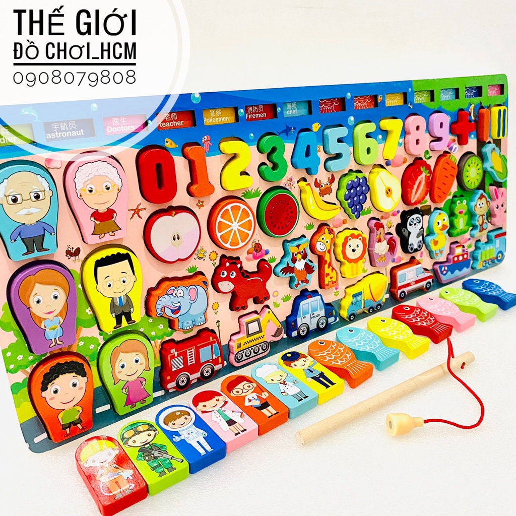 [BỔ ÍCH-MONTESSORI] Bộ đồ chơi gỗ đa năng câu cá học chữ số, nhận biết người, các loại hoa quả, xe