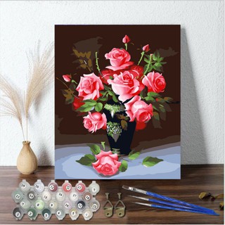 Tranh Sơn Dầu Số Hóa Hoa Hồng Trong Bình MiMi Art HH9013 Tranh Tự Tô Màu Theo Số Có Khung Full Phụ Kiện