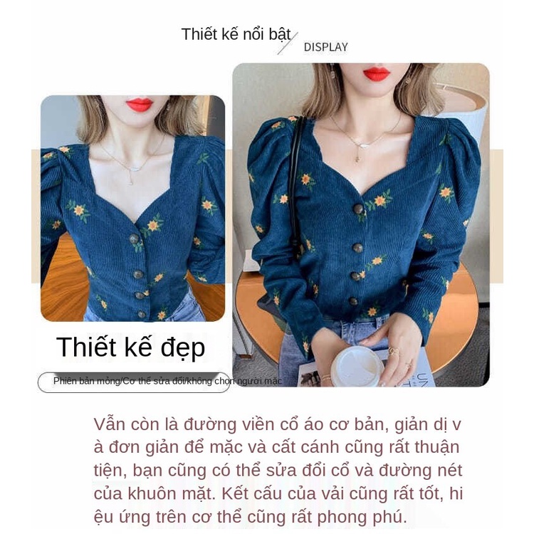 Áo sơ mi vải nhung kẻ tay dài phồng cổ chữ V in họa tiết hoa phong cách retro thời trang mùa thu mới 2021