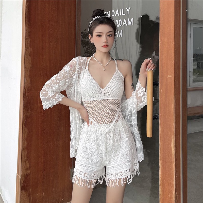 [BIKINI LEN ĐI BIỂN] Đồ bơi len 2 mảnh  tua rua đi biển che bụng màu trắng