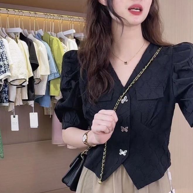 Áo Kiểu Tay Ngắn Phồng Cổ Chữ V Đính Nơ Thời Trang Dành Cho Nữ 2022 Amoi