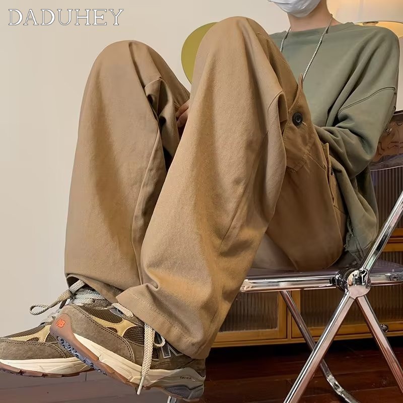 DaDuHey American Retro Autumn Multi-Pocket Elastic Waist Overalls Men and Women Oversize Baggy Straight Pants