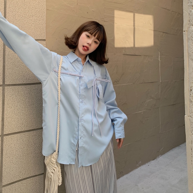ZHELIHANGFEI Áo Sơ Mi Nữ Tay Dài Có Gắn Nơ Theo Phong Cách Ngọt Ngào Dễ Phối Đồ
