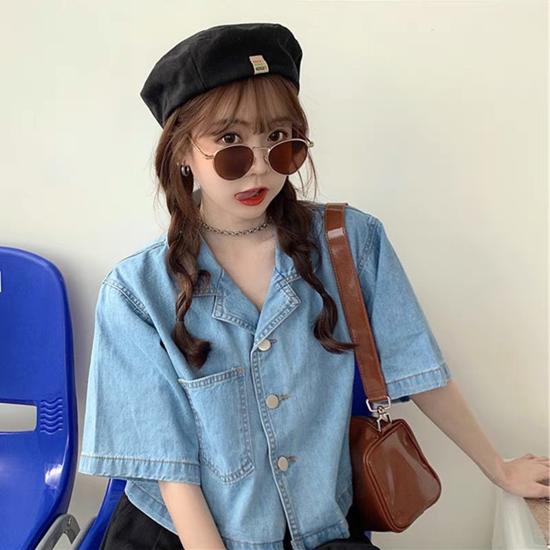 Áo sơ mì bò croptop cổ vét cực xinh | BigBuy360 - bigbuy360.vn