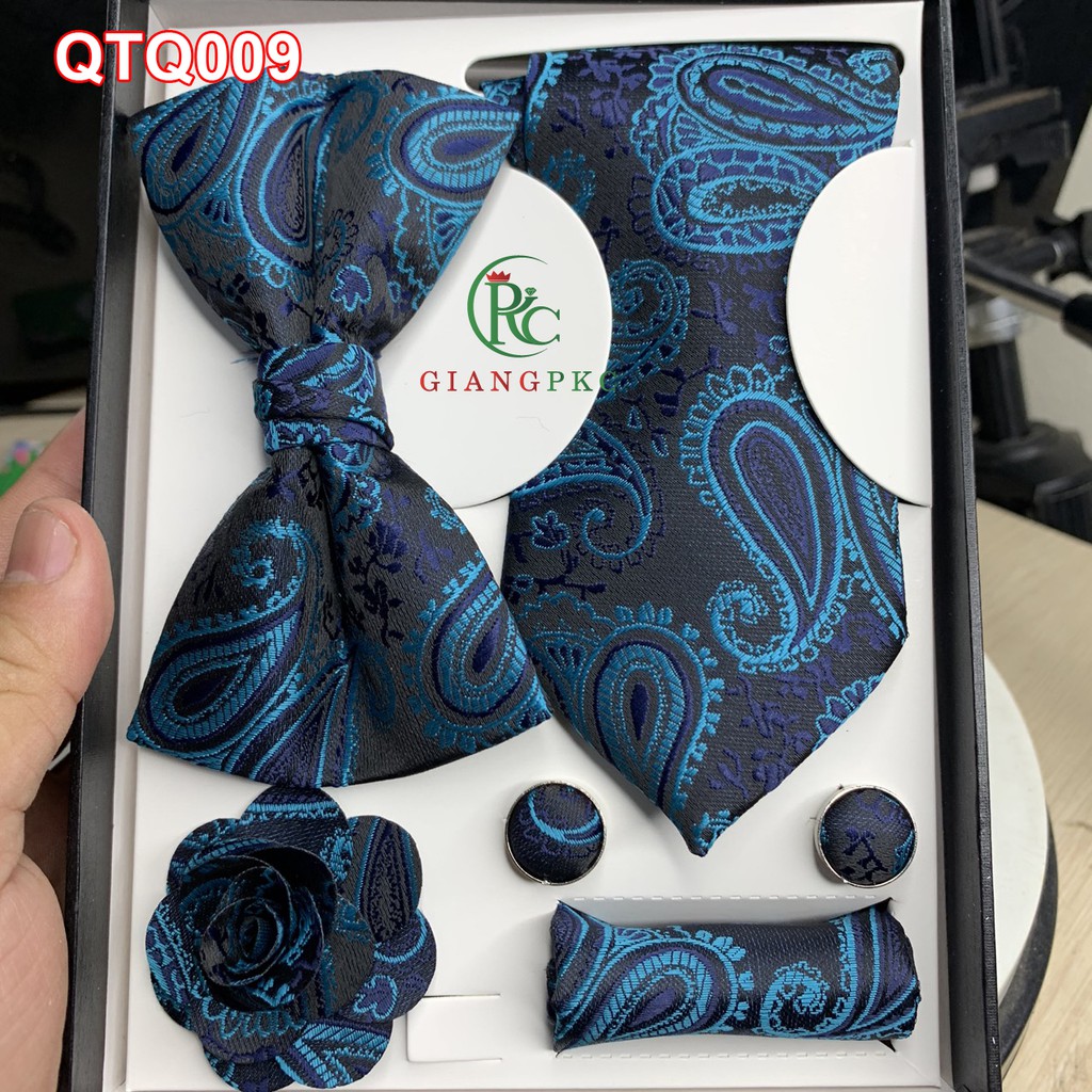 Set cà vạt họa tiết + măng séc + khăn cài áo sang trọng + nơ  họa tiết gấm nổi  Giangpkc qtp007