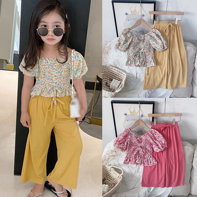 Bộ Áo Tay Phồng Phối Quần Dài Ống Rộng Cho Bé Gái (Có Bán Lẻ)