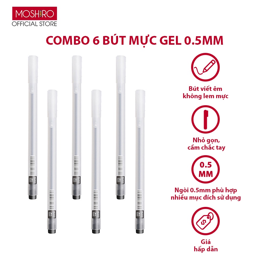 Combo 6 Bút bi nước mực gel Moshiro ngòi 0.5Mm mực đều nét chữ đẹp đủ màu đen xanh đỏ viết khô nhanh