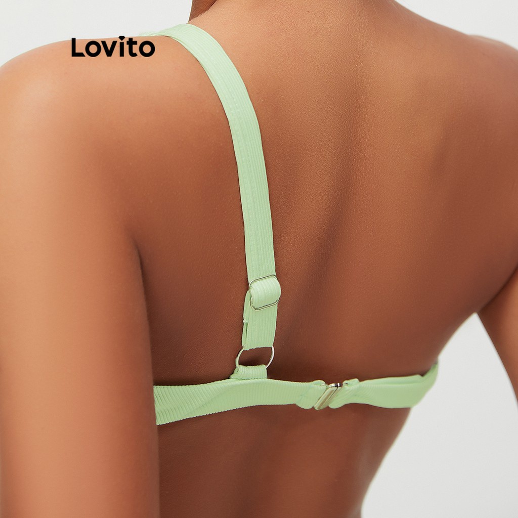 Bikini đi biển Lovito sọc gân có khoen tròn màu trơn phong cách Boho L15X061 (màu xanh lục nhạt)