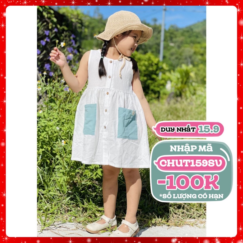 Váy cho bé gái Linen siêu xinh túi trước 2 bên, đầm cho bé 1 2 3 4 5 6 7 8 9 tuổi thời trang thiết kế trẻ em Chut Baby