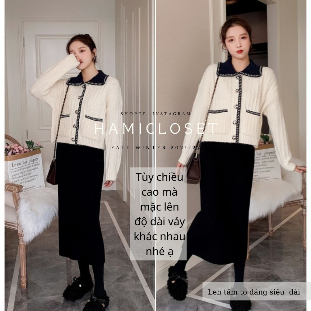 Chân váy len tăm dáng siêu dài qua gối
