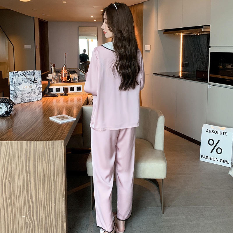 Bộ Đồ Ngủ Tay Dài Vải Lụa Mát Thêu Họa Tiết Xinh Xắn Thời Trang Mùa Thu Cho Nữ