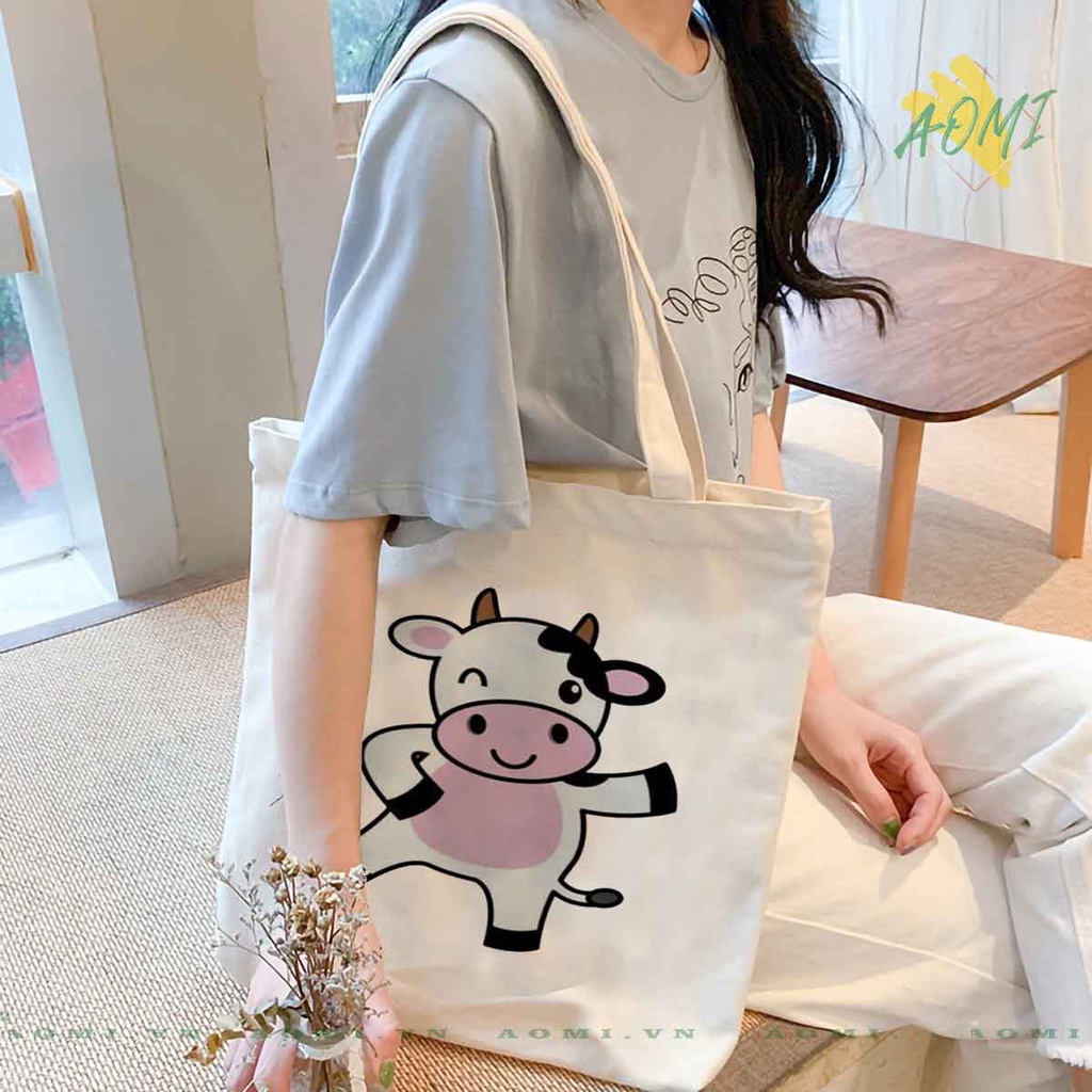 TOTE CANVAS bò sữa milk TÚI VẢI ĐEO VAI BAG CÓ KHÓA KÉO SIZE LỚN 33x38cm AOMIVN DU LỊCH DẠO PHỐ