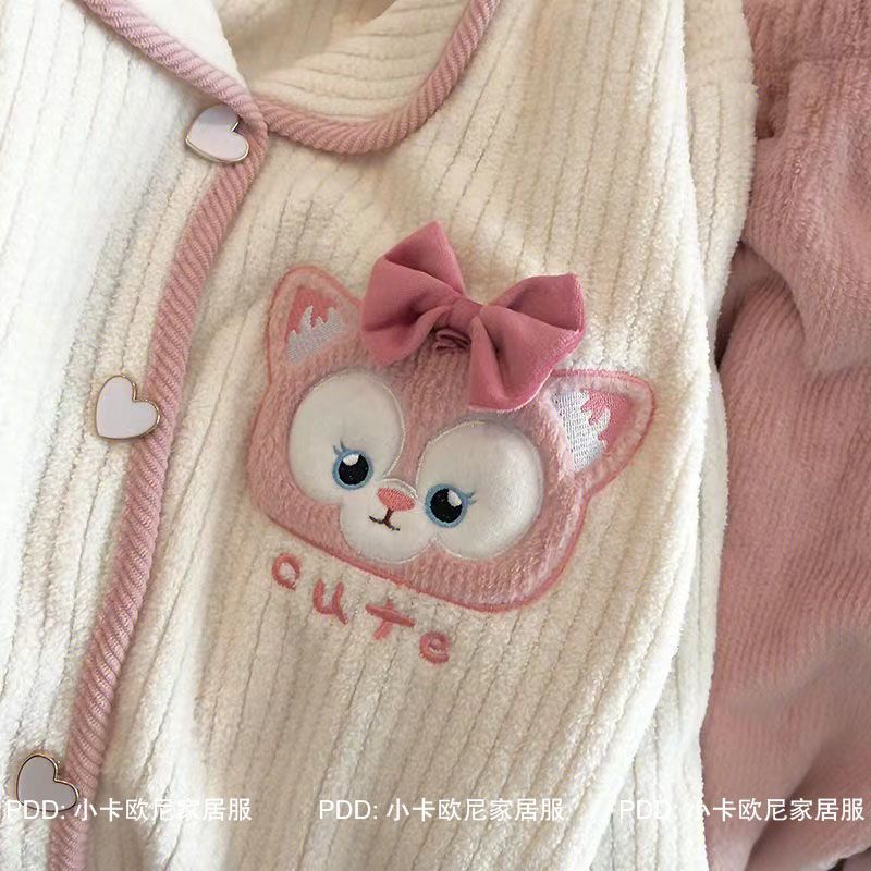 Đồ Ngủ Lông Cừu San Hô. Bộ Đồ Ngủ Lông Cừu San Hô Phối Nhung Dày In Hoạt Hình Dễ Thương Thời Trang Thu Đông Cho Bạn Gái