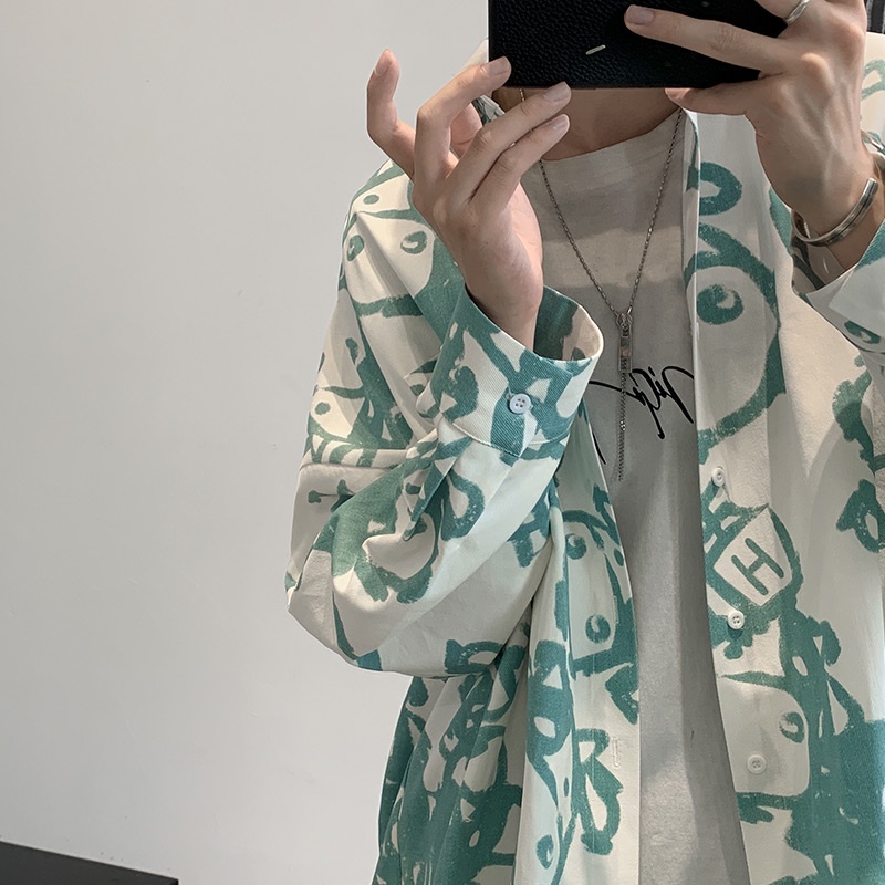 Áo sơ mi tay dài dáng rộng cài khuy kiểu Hồng Kông đường phố cá tính cho nam