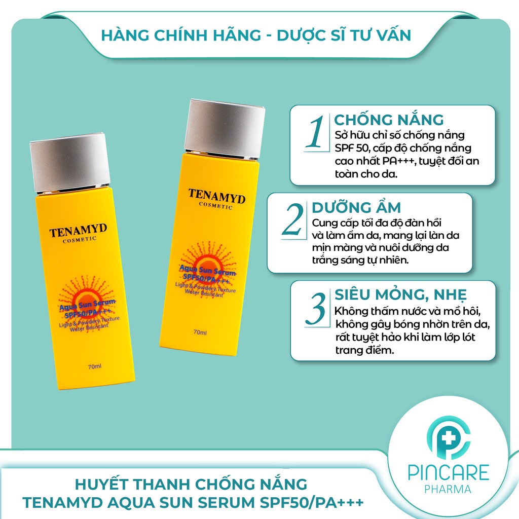 Huyết thanh chống nắng TENAMYD Aqua Sun Serum SPF50/PA+++ 70ml (trắng da) - Hàng chính hãng - Nhà thuốc PinCare