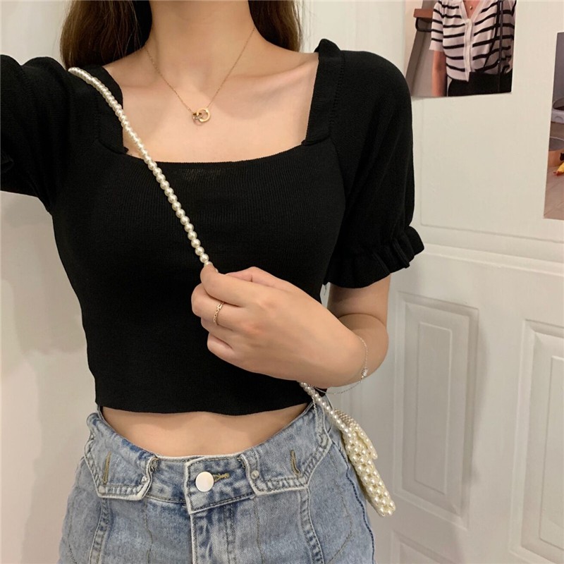 Áo đen dệt kim tay phồng DA199 | BigBuy360 - bigbuy360.vn