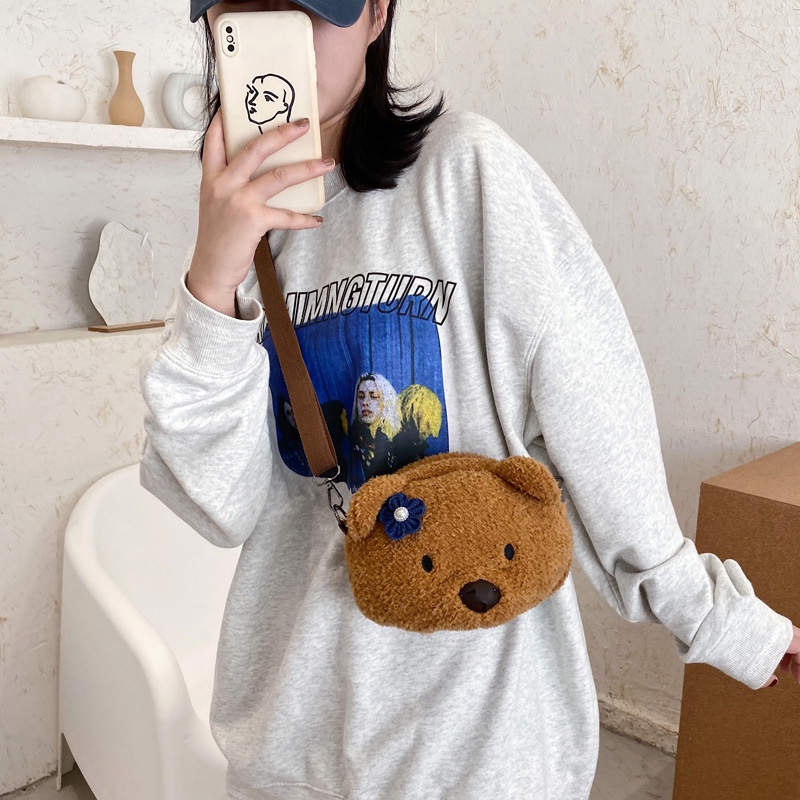 Túi đeo chéo hình GẤU NÂU đính hoa đáng yêu, túi đeo vai thú bông dễ thương