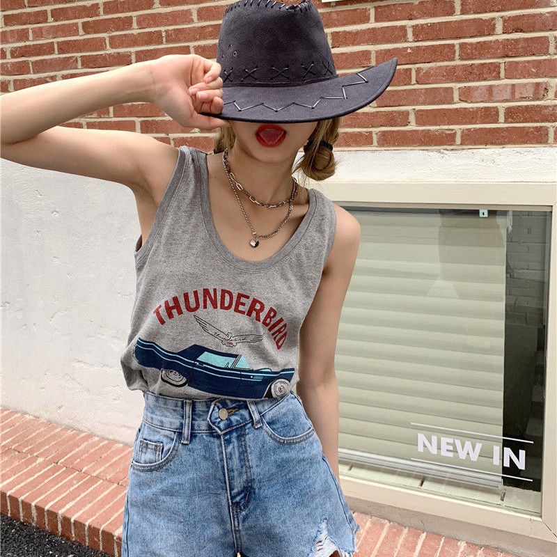 Jiashucheng Áo Thun Sát Nách Dáng Rộng In Chữ Thời Trang Mùa Hè Phong Cách Âu Mỹ Cho Nữ