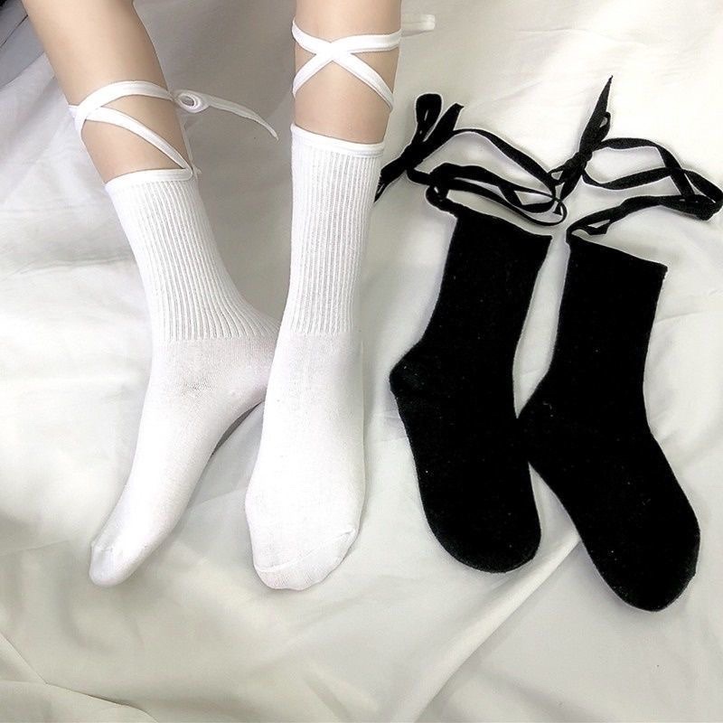 Tất vớ cổ cao cột dây chéo phong cách lolita tất nữ bắp chân thắt nơ sexy, Tất cotton mềm mại thoáng khí TN27