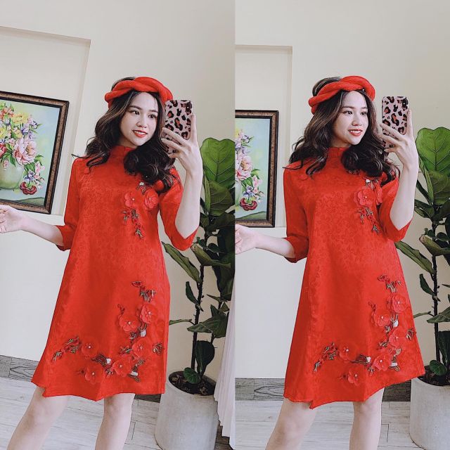 Đầm xòe gấm thêu hoa nổi cực sang, cực nổi bật