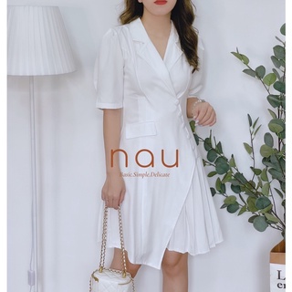 Đầm cổ vest nút bọc phối xếp li