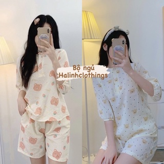 Bộ Pijama Cộc Tay Chất Đũi Nhăn Họa Tiết Siêu Xinh