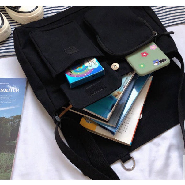 Túi đeo chéo HAZIN vải canvas thêu Gấu cao cấp đi học đi chơi đựng vừa khổ a4 phong cách unisex phù hợp cả nam và nữ