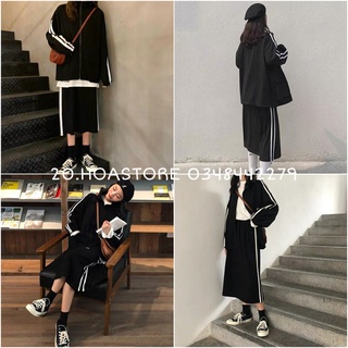 SET ÁO KHOÁC NỈ CHÂN VÁY SUÔNG DÀI KẺ SỌC VIỀN ULZZANG