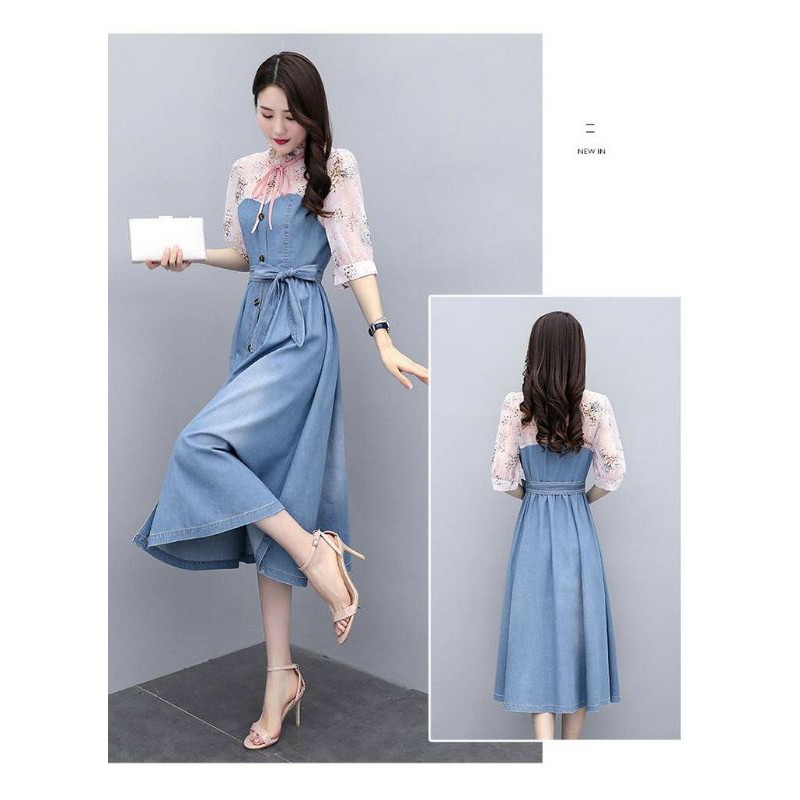 Hàng nhập - Đầm jean xòe phối lụa, váy jean, váy bò