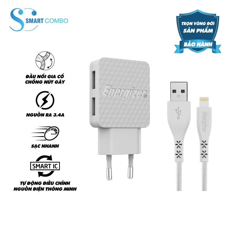 Bộ sạc Energizer 3.4A - 2 Cổng USB - AC2CEULLIM - Hàng chính hãng