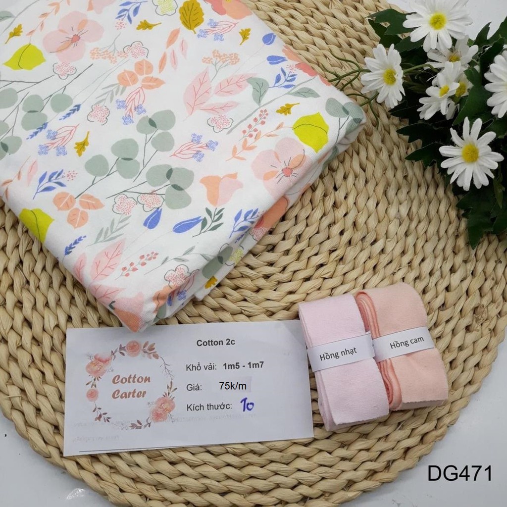 Vải cotton thun co giãn 2 chiều chất mềm mát may hè - hoa lá xanh