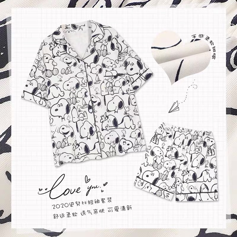 Bộ đồ ngủ pijama nữ cộc tay quần đùi chất lụa Kate Thái mềm mịn màu trắng họa tiết chó snoopy siêu đáng yêu - CD0022