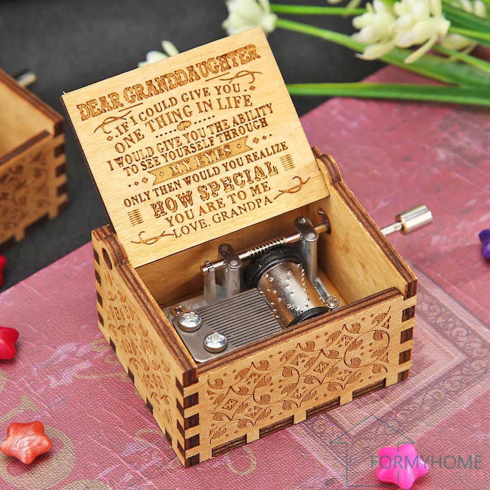 Retro Carved Hand Cranked Music Box Wooden Manual Birthday Gift Ornaments