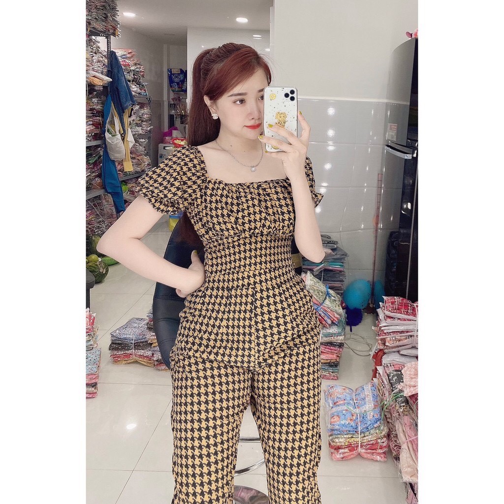 Bộ đồ mặc ở nhà, đi chơi, bộ đồ quần dài, áo cộc tay, cổ vuông, freesize dưới 65kg