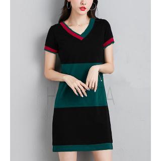 Đầm thun day dặn co giản phối hai màu xanh đỏ