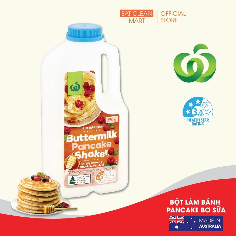 Bột làm bánh Pancake Bơ Sữa pha sẵn nhập khẩu Úc - Woolworths Buttermilk Pancake Shaker 350g