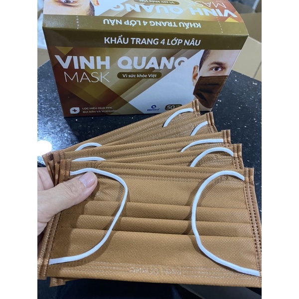 khẩu trang vinh quang mask 4 lớp nâu thun đeo tai màu trắng