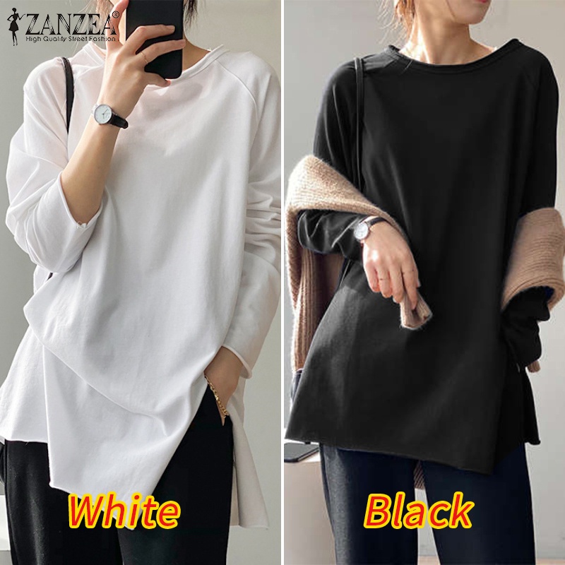 Áo kiểu ZANZEA dài tay cổ tròn xẻ tà thiết kế thời trang cho nữ