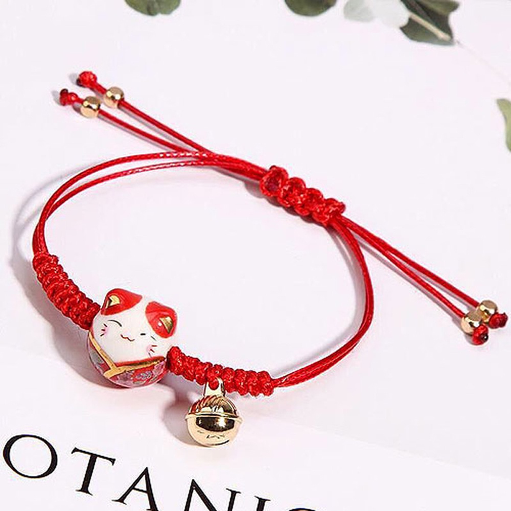 Vòng đeo tay dây bện đính chuông và mặt mèo may mắn thời trang cho nữ