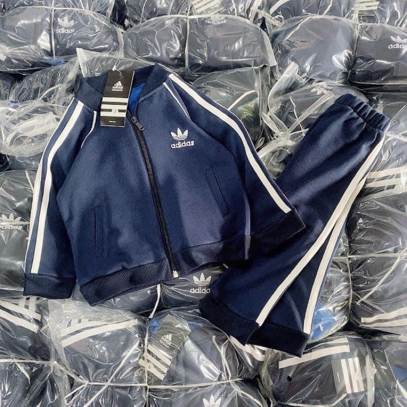 Bộ thể thao adidas xuất dư chất umi xanh than kéo khoá trẻ em ba sọc