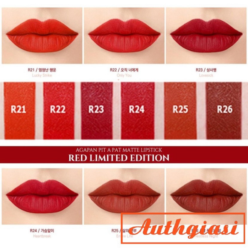 Son thỏi lì Agapan Pit A Pat Matte Lipstick mịn môi, lên màu tuyệt đẹp đủ màu 01-13 [Có Bill]