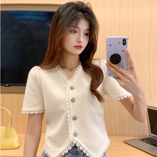 Áo thun dệt kim ZHELIHANGFEI ngắn tay phối ren phong cách thời trang cho nữ