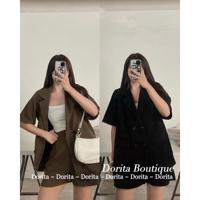 Set áo vest trơn basic cộc tay kèm quần short form oversize, Set áo Blazer kèm quần short Hàn Quốc