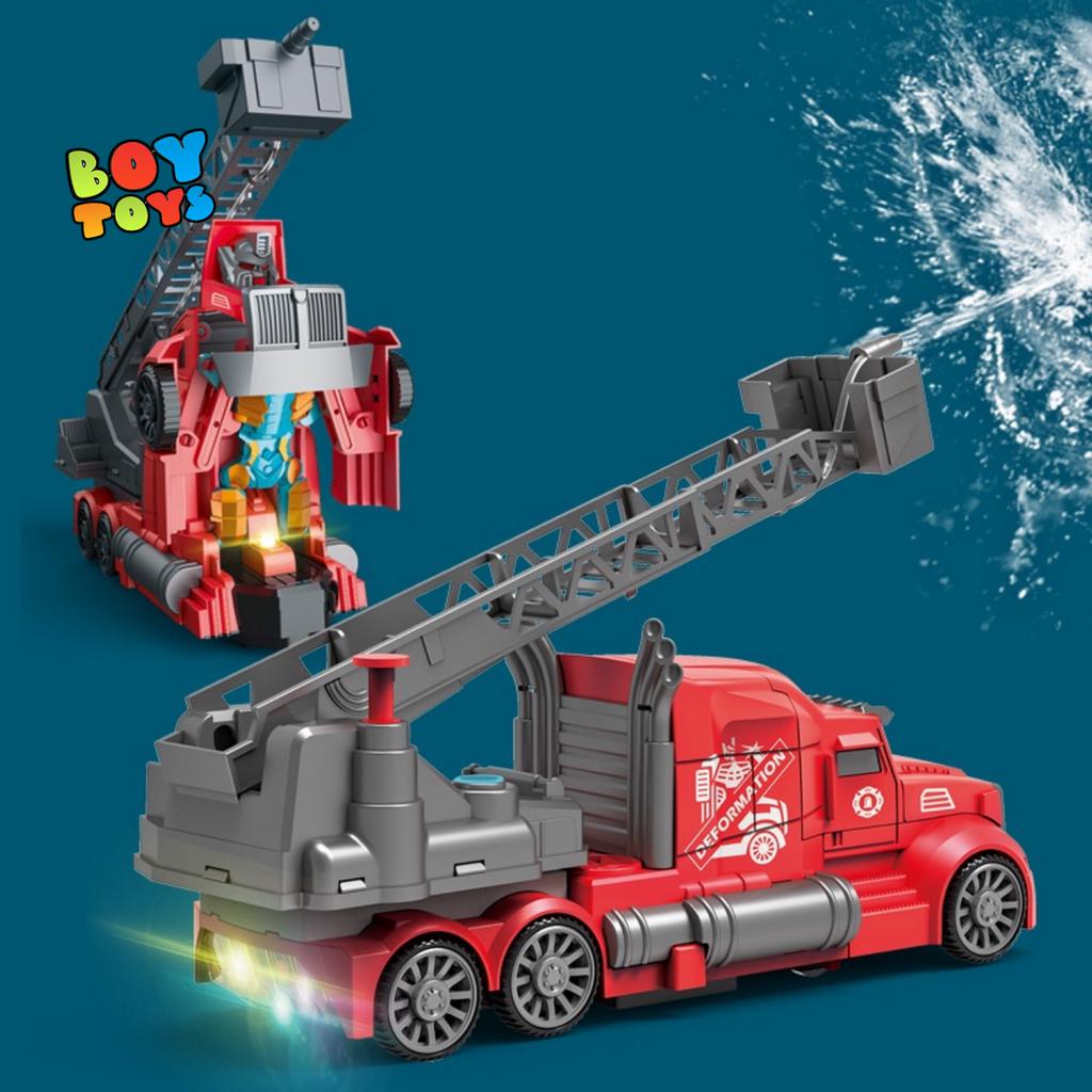 Combo 2 xe đồ chơi cứu hỏa phun nước biến hình và xe trộn bê tông biến hình