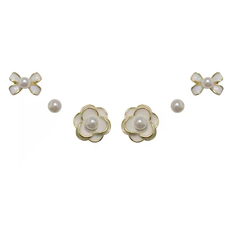 Set 6 Khuyên Tai Đính Ngọc Trai/Nơ/Hoa Trà Siêu Nữ Tính Hợp Thời Trang