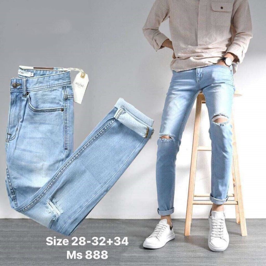 Quần Jean Nam Chất Bò DR97RT Xanh Bạc Trơn Rách Gối Cá Tính Trẻ Trung ( Siêu Rẻ) | BigBuy360 - bigbuy360.vn
